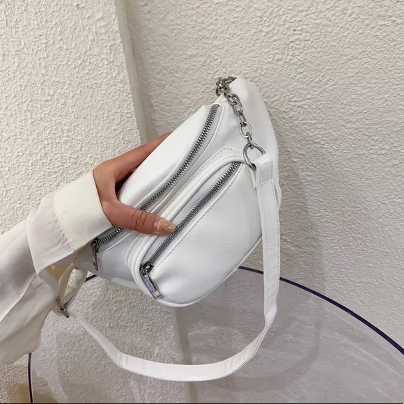 Fanny pack bag crossbody waist adjustable 2 pocket zipper chain bags white black - Picture 8 of 13